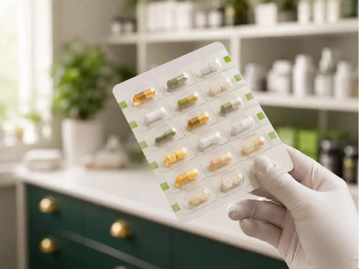 Pharmacist holding a prepared weekly blister pack in the Mediglen pharmacy