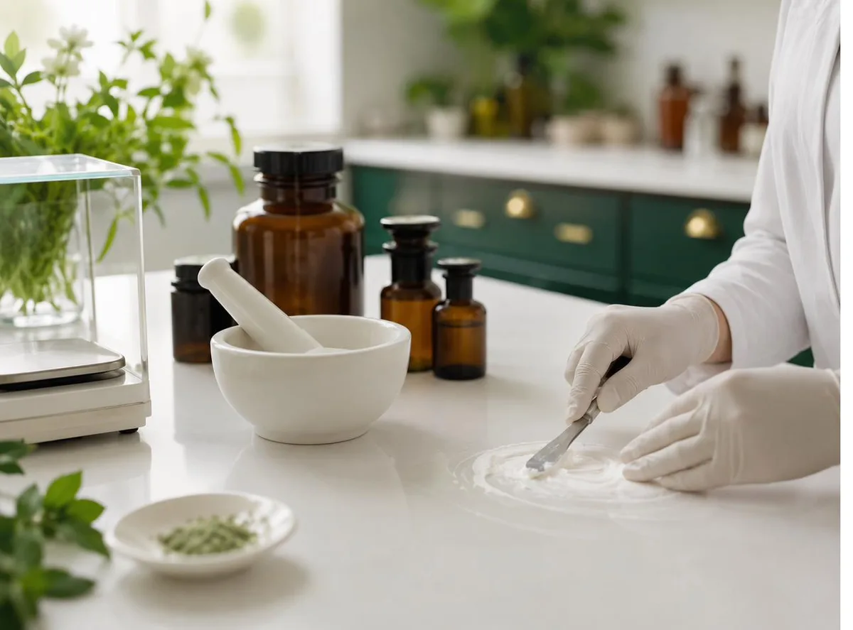 Pharmacist compounding a custom cream with mortar and pestle at the Mediglen lab in Coquitlam