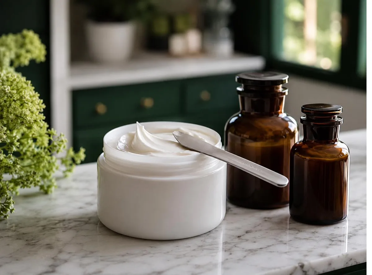 Freshly compounded dermatology cream in a white jar with a stainless spatula beside amber apothecary jars