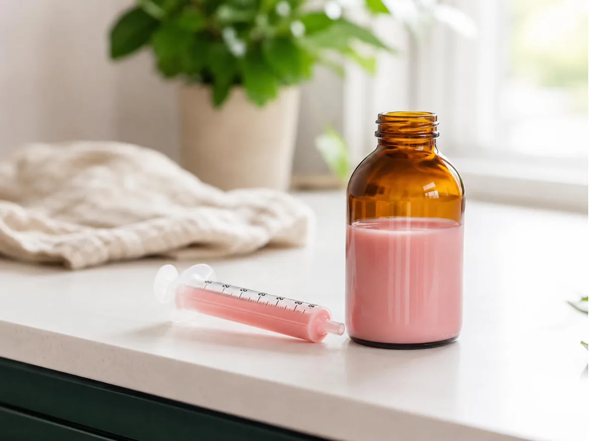 Compounded flavoured liquid medication in an amber bottle with an oral dosing syringe on a kitchen counter
