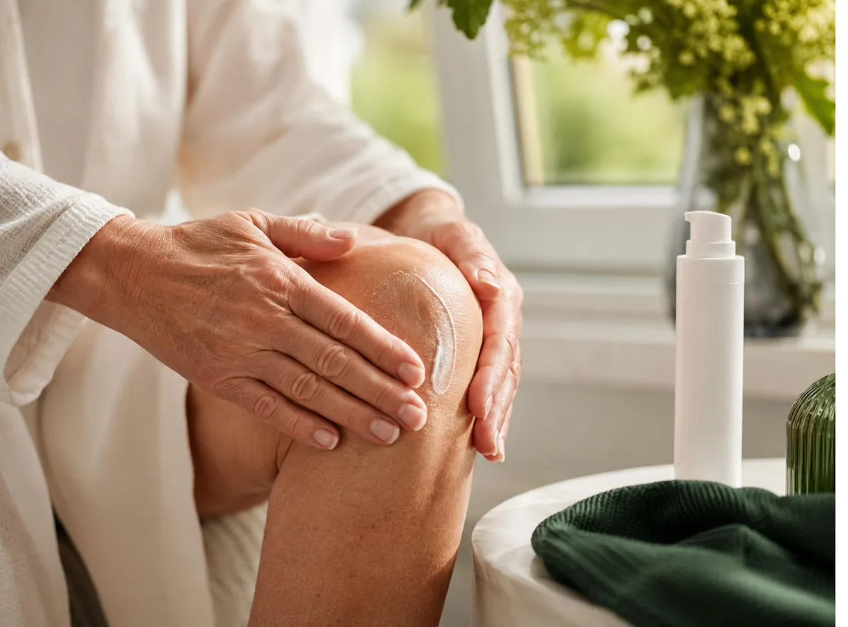 Hands applying a compounded medicated pain cream to a knee