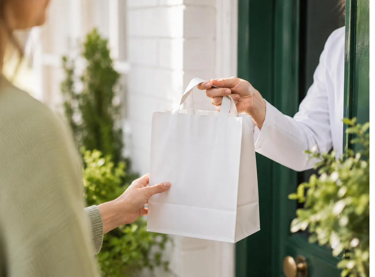 Mediglen pharmacist handing a medication delivery to a patient at their front door